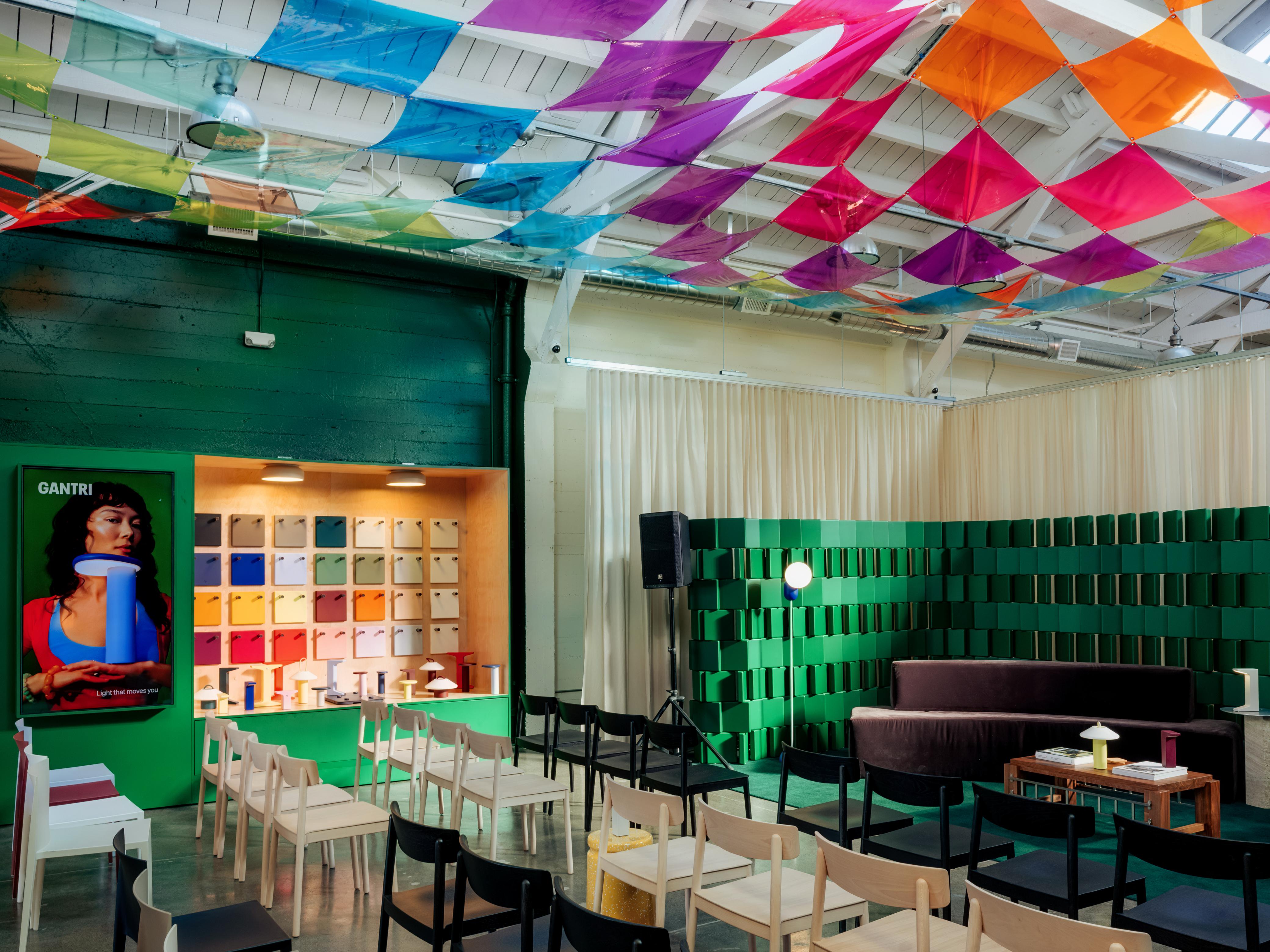 The room set with seating for an evening talk